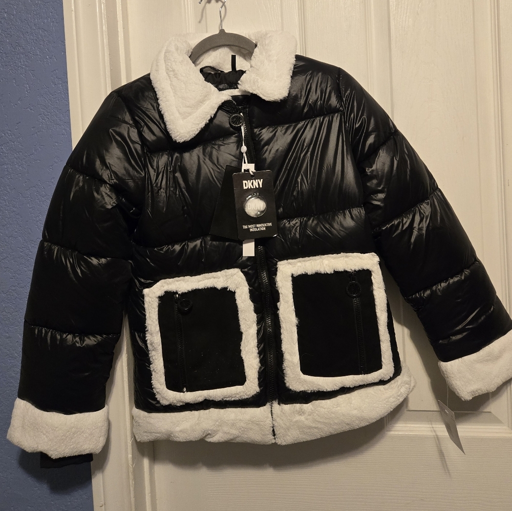 NWT DKNY Jacket Faur Fax Black Cire Kids Side M